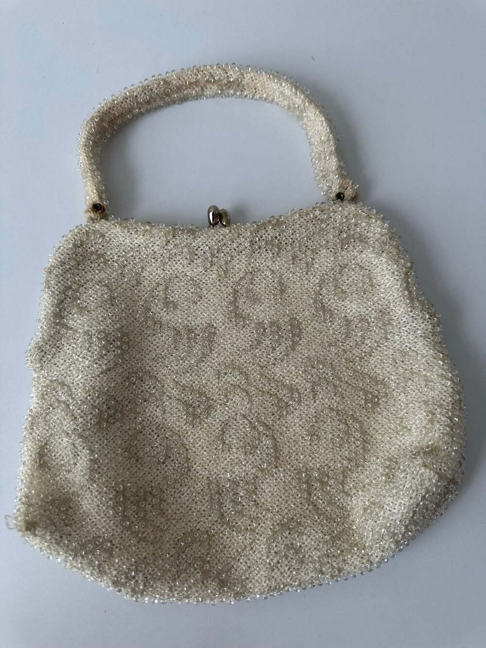 Vintage 50s 60s Ivory Beaded Crochet Evening Bag Bridal Kiss Lock Purse